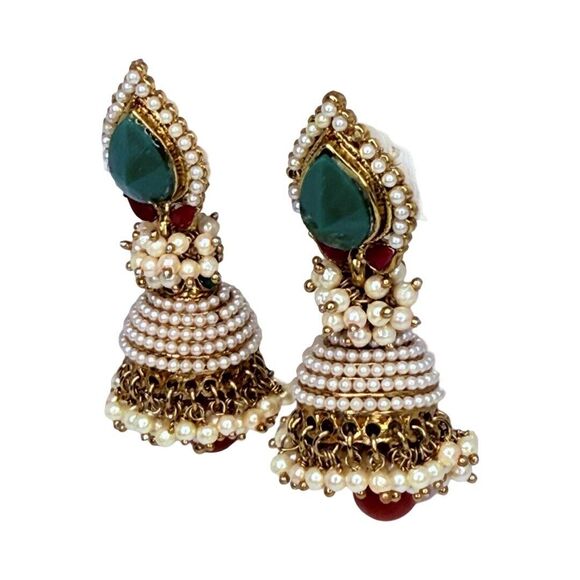 Kundan Polki Jhumka White Pearl Earrings Chandelier Glass Red Green Gold Wedding - Picture 2 of 15